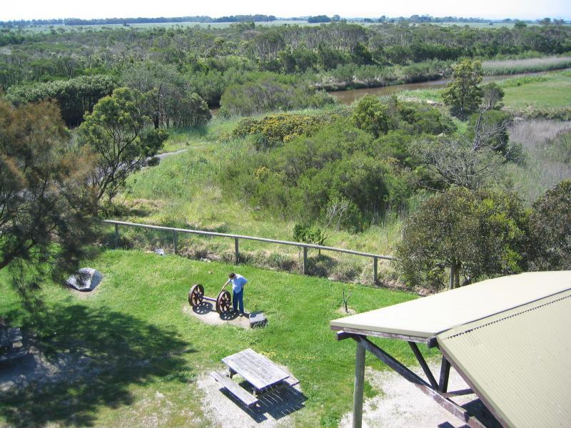 Tooradin - Roadside trading area, South Gippsland Highway at Bunyip River: View down to picnic area from lookout tower
