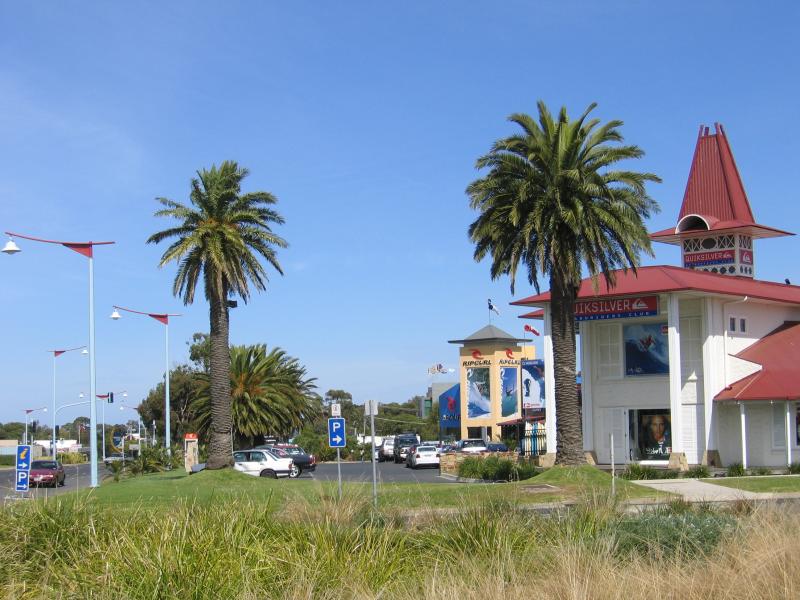 Torquay - Surf City Plaza and surroundings, Surf Coast Highway - Quiksilver, view south along Surf Coast Hwy at Beach Rd