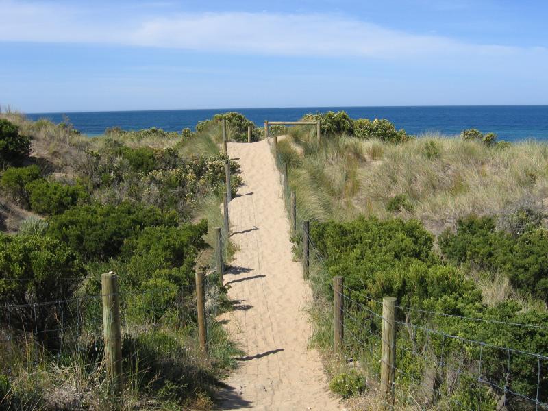 Torquay - Whites Beach: Walkway over sand dunes to beach at eastern end of The Esplanade