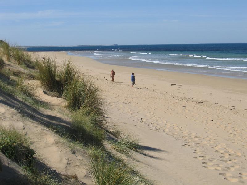 Torquay - Whites Beach: View north-east along coast, nudist beach at eastern end of The Esplanade