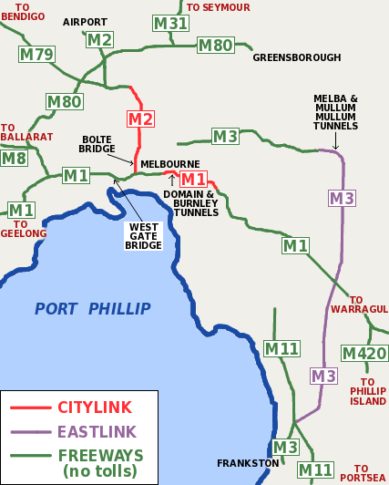 Map of Melbourne freeways and toll roads