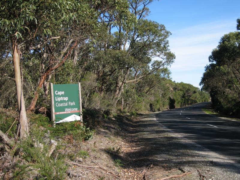 Walkerville - Fish Creek Road, north of Walkerville: Cape Liptrap Coastal Park sign, view south-west along Fish Creek Rd at Thomson Rd