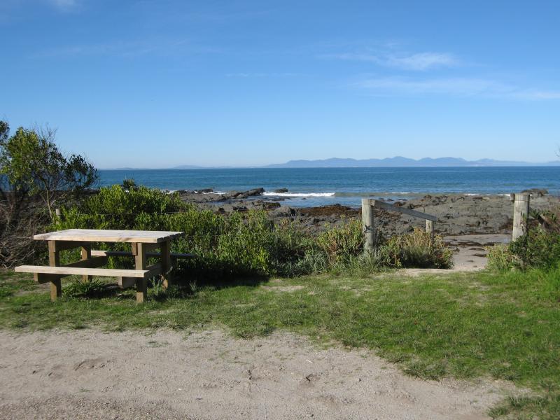 Walkerville - Beach and scenery along coastal section of Bayside Drive: Path to beach at caravan park