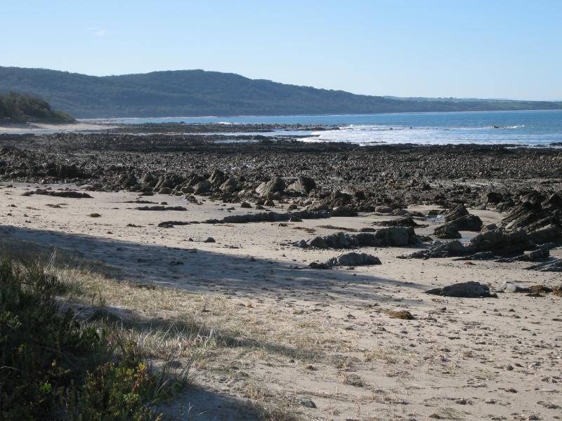 Walkerville - Beach and scenery along coastal section of Bayside Drive: View north-east along coast at caravan park