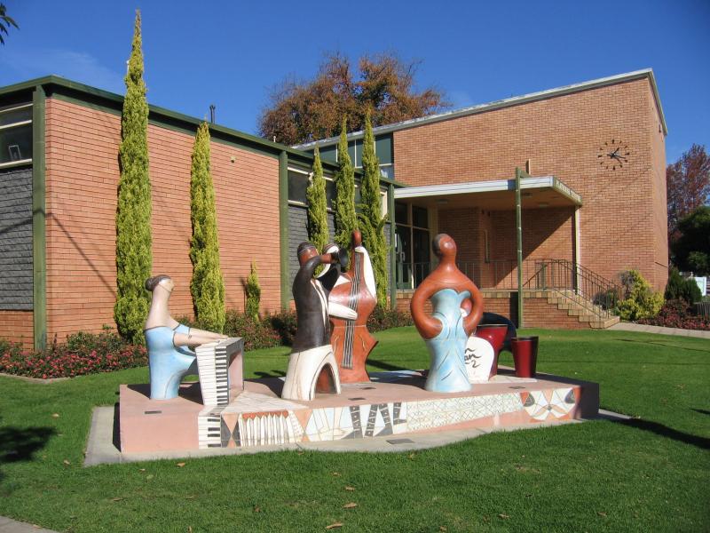 Wangaratta - Cultural precinct, Ford Street and Ovens Street - Figurines at Playhouse Theatre, corner Ford St and Ovens St