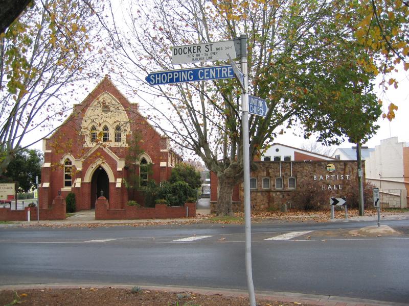 Wangaratta - Cultural precinct, Ford Street and Ovens Street - Baptist Church, corner Docker St and Baker St