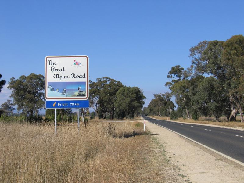 Wangaratta - Great Alpine Road, east of Wangaratta: Great Alpine Road sign, 70 km from Bright