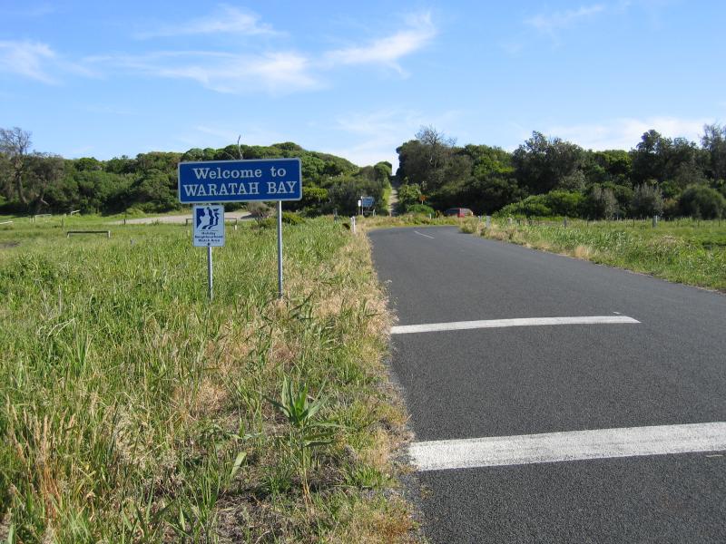 Waratah Bay - Fish Creek Road near Gale Street: Waratah Bay town sign, view south along Fish Creek Rd towards Gale St