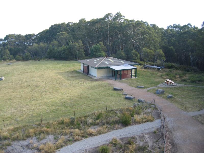 Warburton - Summit of Mount Donna Buang: View from lookout tower down to BBQ shelter