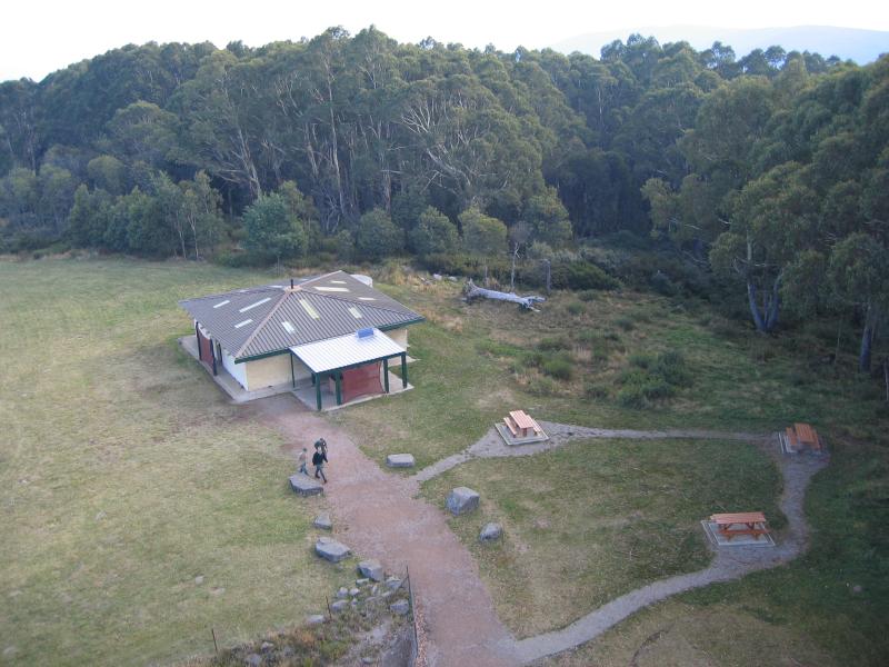 Warburton - Summit of Mount Donna Buang: View from lookout down tower to BBQ shelter