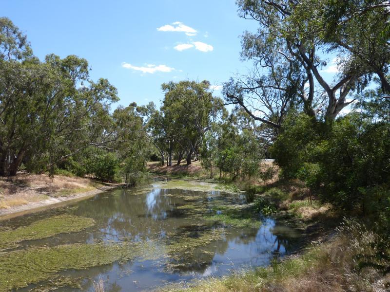 Warracknabeal - Lions Flora and Fauna Park, Yarriambiack Creek - View north along creek from footbridge into Lions Park