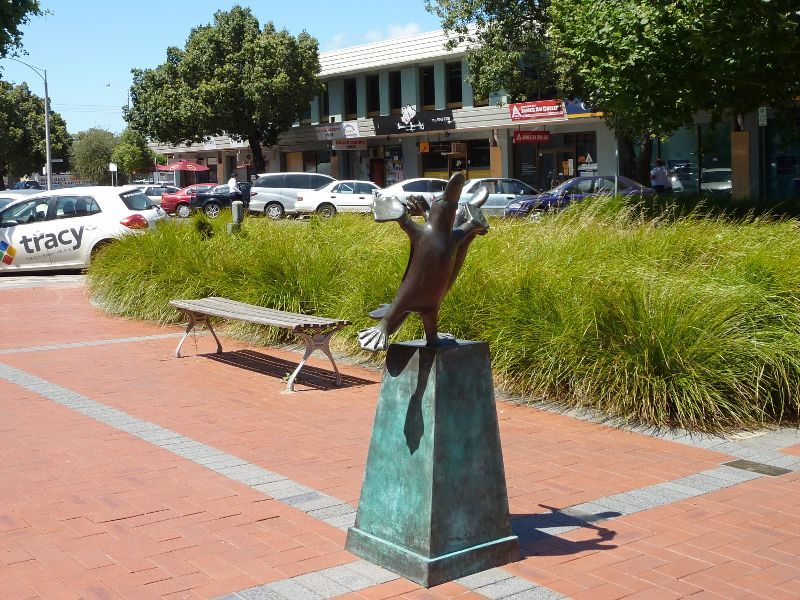 Werribee - Shops and commercial centre, Watton Street - Dance of the Platypus sculpture, south-easterly view along Duncans Rd at Watton St