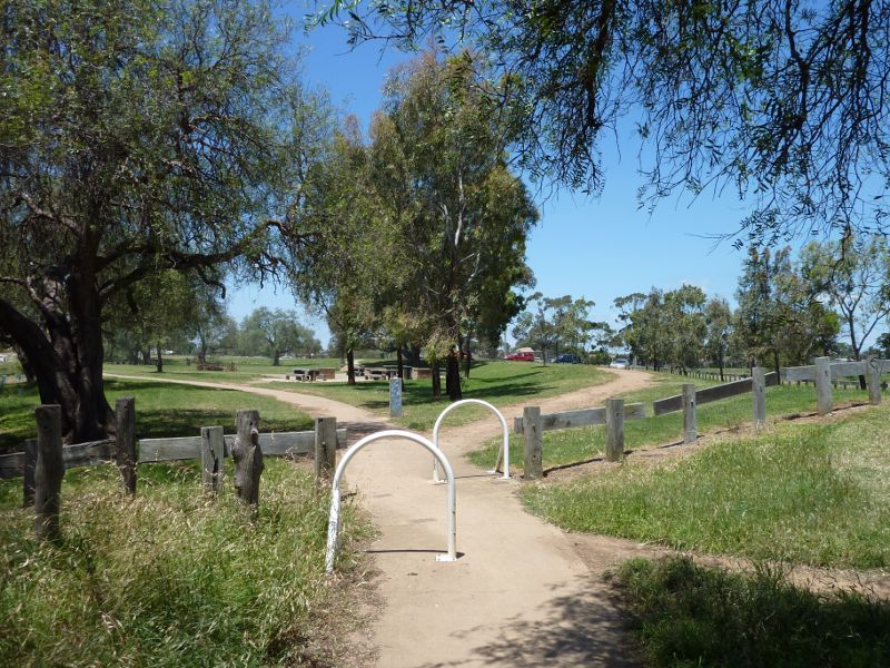 Werribee - Riverbend Historical Park, Heaths Road - View east along pathway between picnic area and weir