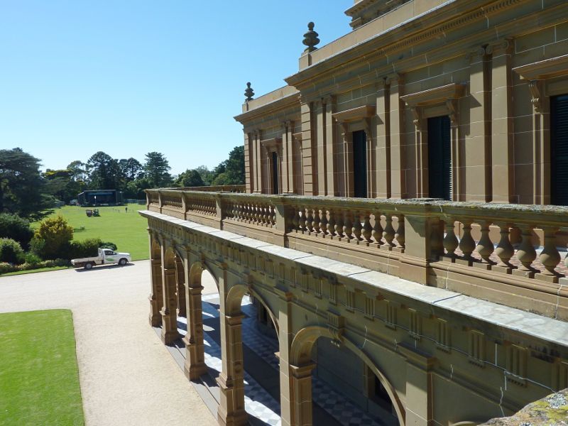 Werribee - Werribee Park and The Mansion, Werribee South - View along front balcony of The Mansion towards Great Lawn