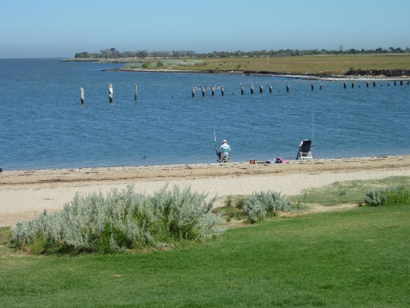 Werribee - Beach, foreshore, jetty, boat ramps and J.D. Bellin Reserve, Beach Road, Werribee South - View across foreshore and beach towards mouth of Werribee River