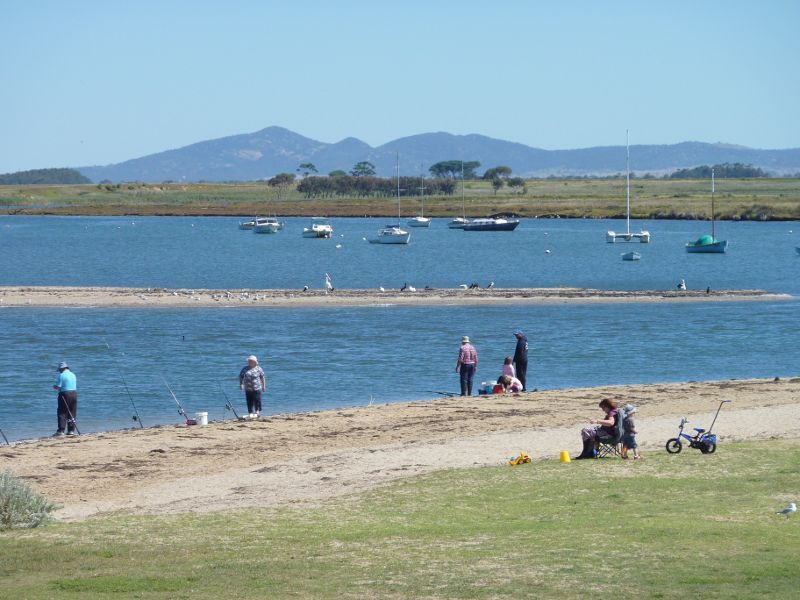 Werribee - Beach, foreshore, jetty, boat ramps and J.D. Bellin Reserve, Beach Road, Werribee South - Westerly view across Werribee River with You Yangs in background