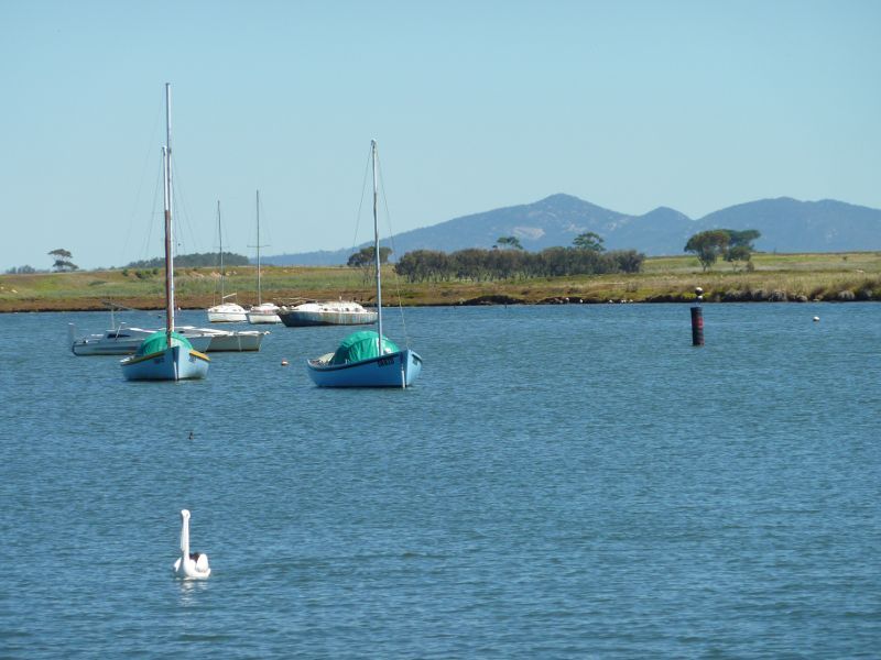 Werribee - Beach, foreshore, jetty, boat ramps and J.D. Bellin Reserve, Beach Road, Werribee South - View across Werribee River from jetty towards You Yangs