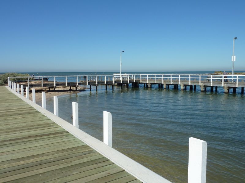 Werribee - Beach, foreshore, jetty, boat ramps and J.D. Bellin Reserve, Beach Road, Werribee South - South-easterly view along boardwalk towards Werribee Jetty