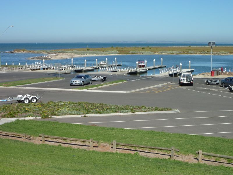 Werribee - Beach, foreshore, jetty, boat ramps and J.D. Bellin Reserve, Beach Road, Werribee South - Southerly view from Beach Rd down to boat ramps and mouth of Werribee River
