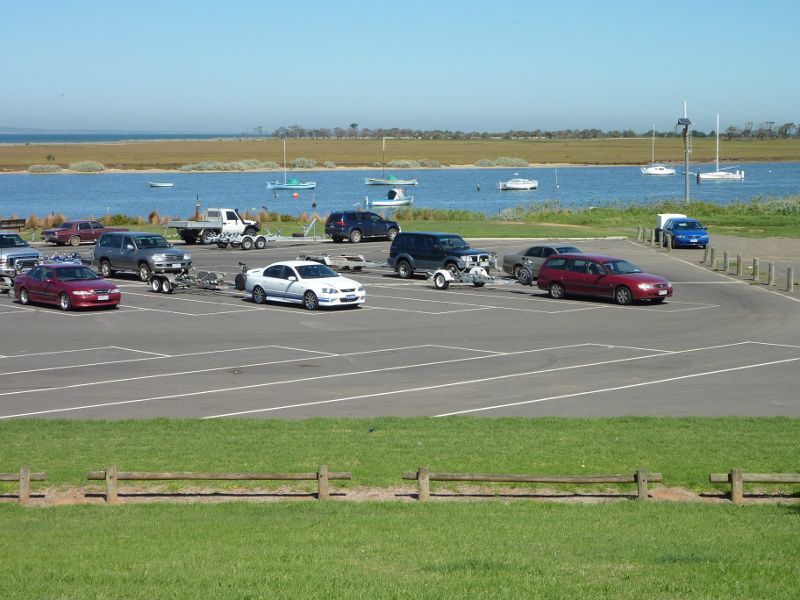 Werribee - Beach, foreshore, jetty, boat ramps and J.D. Bellin Reserve, Beach Road, Werribee South - View across Werribee River, west of boat ramps, from Beach Rd