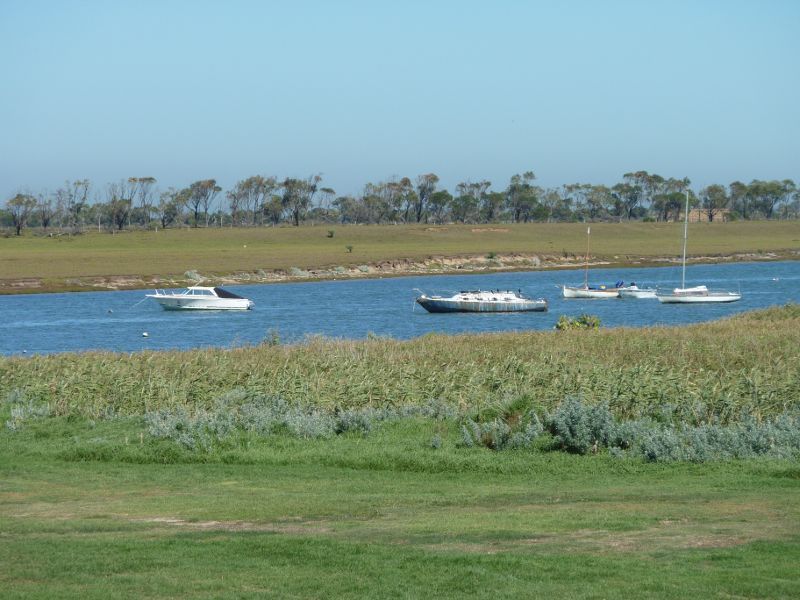 Werribee - Beach, foreshore, jetty, boat ramps and J.D. Bellin Reserve, Beach Road, Werribee South - View across Werribee River, west of boat ramps, from Beach Rd