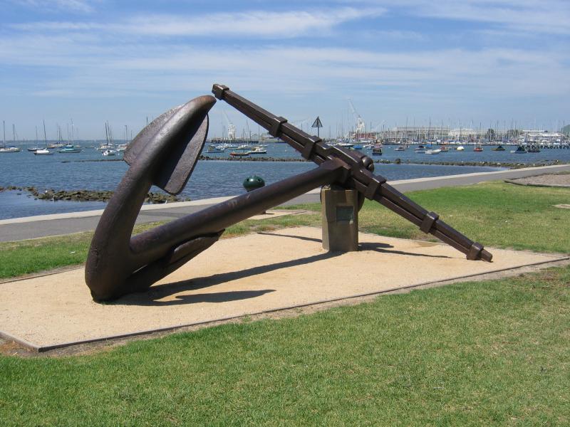Williamstown - Coastline along The Strand: Burgoyne Reserve, anchor from HMVS Nelson