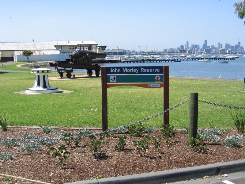 Williamstown - John Morley Reserve and Ferguson Street Pier: View of cannon with Williamstown Sailing Club pier in background