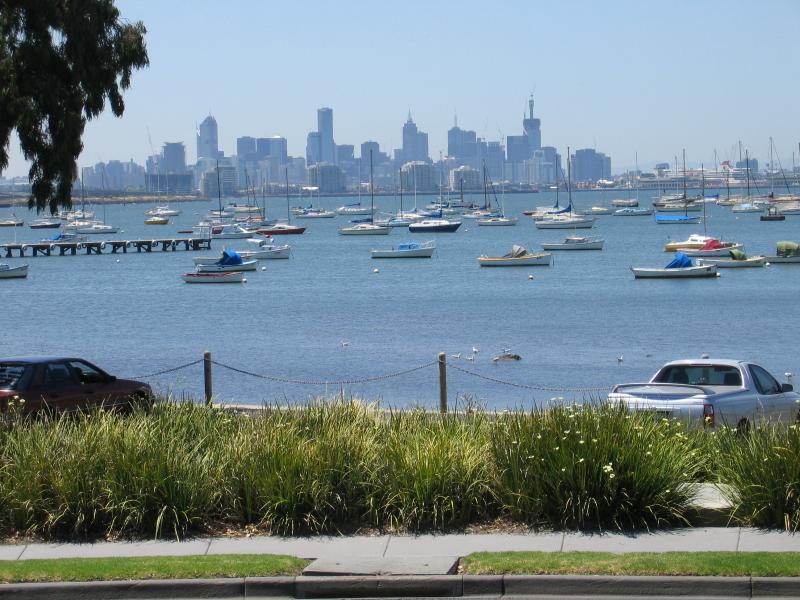 Williamstown - John Morley Reserve and Ferguson Street Pier: View towards city skyline, The Strand at Ferguson St