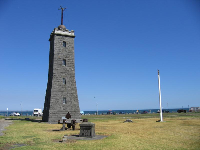 Williamstown - Point Gellibrand Coastal Heritage Park, Battery Road: Timeball Tower, Hulk Anchor and historic flagpole, corner of Nelson Pl and Battery Rd