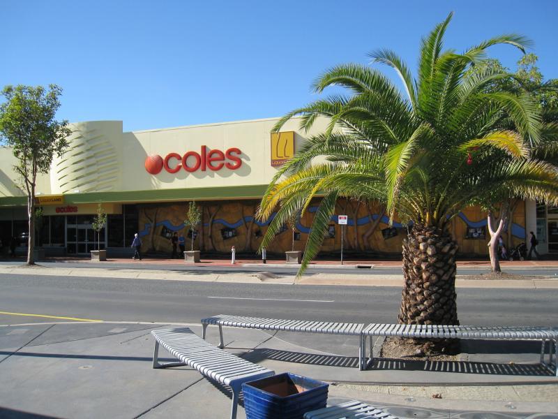 Wodonga - Shops along High Street south of railway line, Stanley Street and Woodland Grove: Supermarket, east side of High St near Stanley St