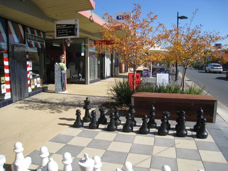 Wodonga - Shops along High Street south of railway line, Stanley Street and Woodland Grove - Outdoor chess set, Stanley St near High St