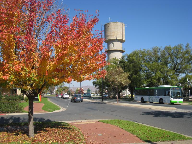Wodonga - Cultural precinct, Hovell Street between Lawrence St and Elgin Boulevard: View south-west along Hovell St towards library
