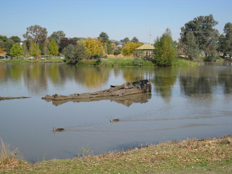 Wodonga - Sumsion Gardens - View south-east across lake from its north-western side towards island and rotunda