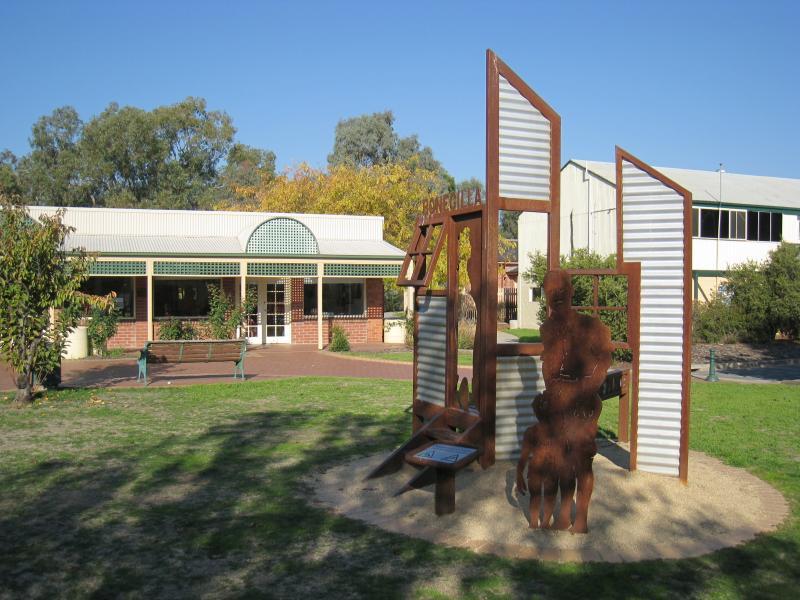 Wodonga - Gateway Village, Gateway Island: Bonegilla monument, gardens behind HotHouse Theatre