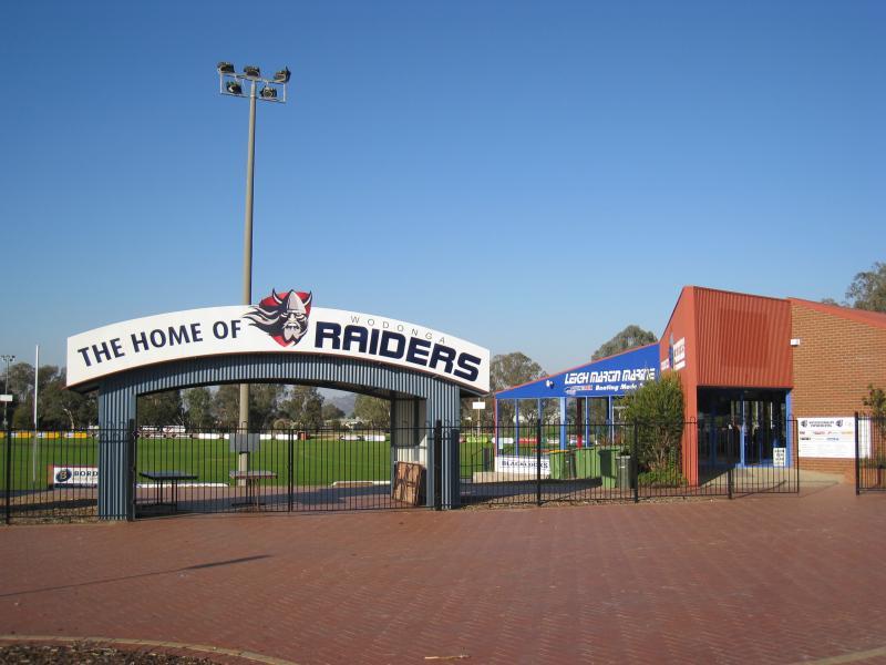 Wodonga - Biralee Park, corner Marshall Street and Emerald Avenue - Entrance to oval and Wodonga Raiders sign