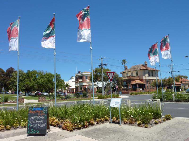 Wonthaggi - Watt Street and gardens along centre of southern end of McBride Avenue: View south across Watt St from McBride Av