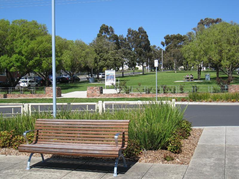 Wonthaggi - Watt Street and gardens along centre of southern end of McBride Avenue: View south along gardens in centre of McBride Av from Watt St