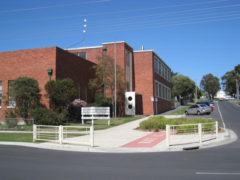 Wonthaggi - Watt Street and gardens along centre of southern end of McBride Avenue: Wonthaggi Secondary School, corner Watt St and McBride Av