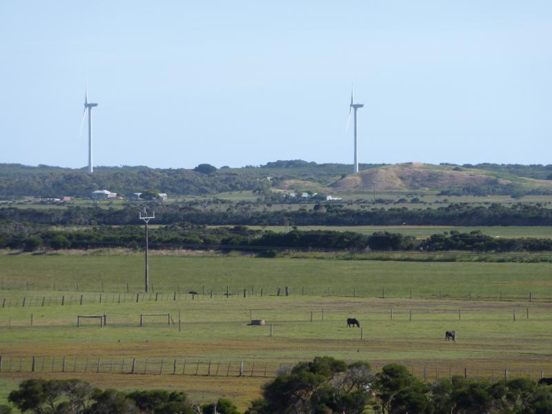 Wonthaggi - Bass Highway north-west of Wonthaggi near Powlett River: Southerly view towards wind farm