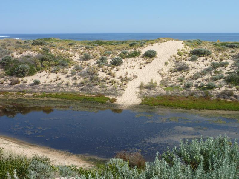Wonthaggi - Wreck Beach, off southern end of Berrys Road: View over lagoon towards sand dunes and ocean