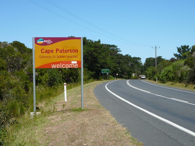 Wonthaggi - Cape Paterson Road approaching Cape Paterson: Cape Paterson town sign, view south along Cape Paterson Rd