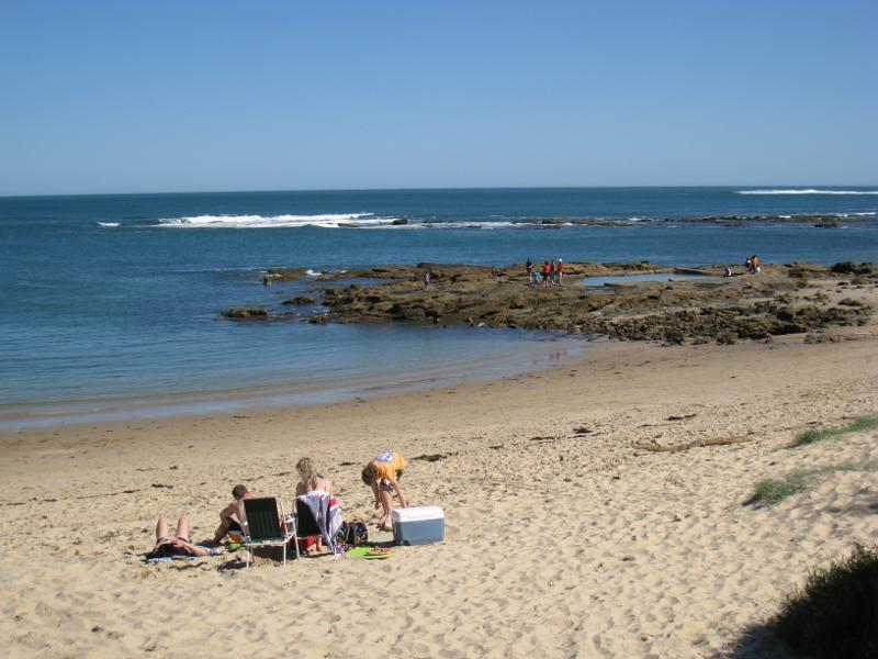Wonthaggi - Cape Paterson, Bay Beach and boat ramp: View south-west towards rock pool