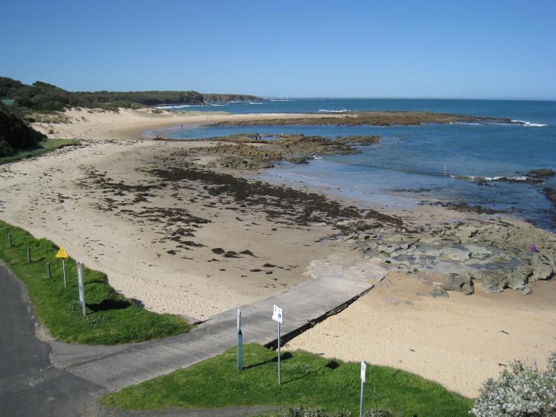 Wonthaggi - Cape Paterson, Bay Beach and boat ramp: Easterly view along coast from car park above boat ramp