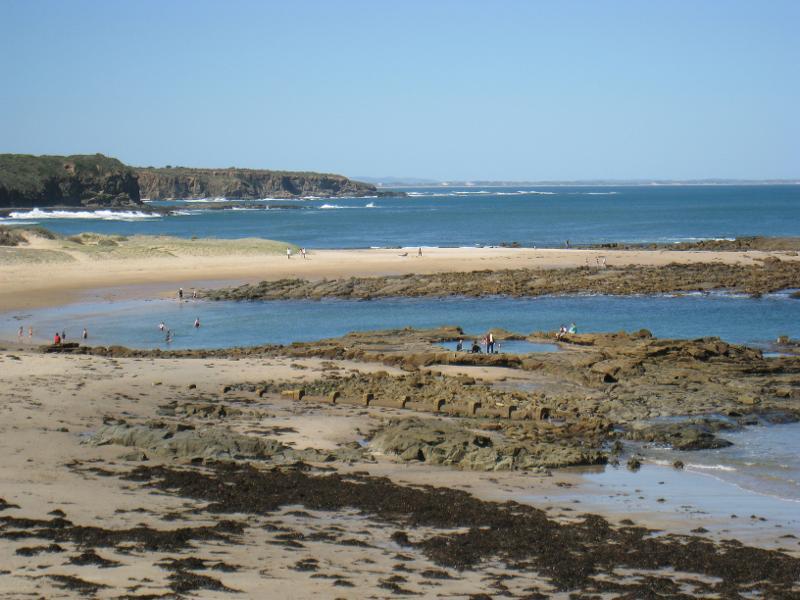 Wonthaggi - Cape Paterson, Bay Beach and boat ramp: Easterly view towards rock pool from car park above boat ramp