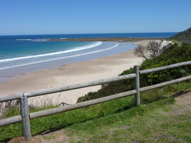 Wonthaggi - Cape Paterson, First Surf Beach near western end of Surf Beach Road: View south-west along coast from viewing area above beach