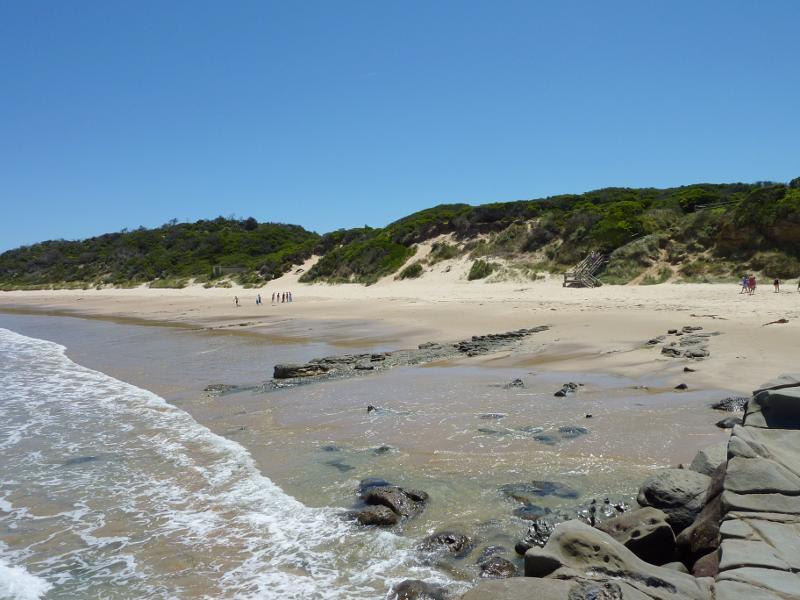 Wonthaggi - Cape Paterson, First Surf Beach near western end of Surf Beach Road: View west along beach