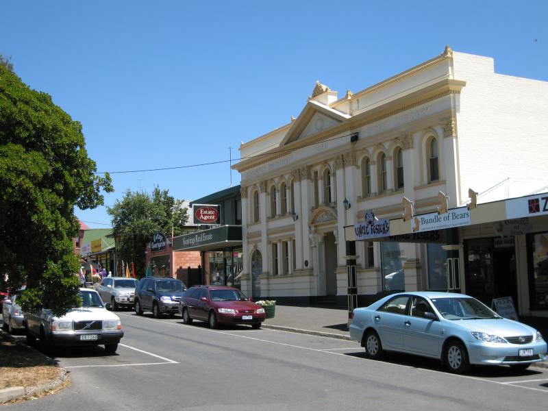 Woodend - Shops and commercial centre, High Street: Old Mechanics Institute Hall, view south along High St service road between Anslow St and Forest St
