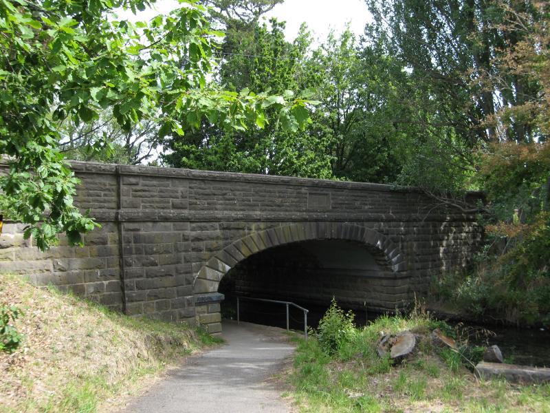 Woodend - Five Mile Creek: View east along Five Mile Creek towards bridge at High St