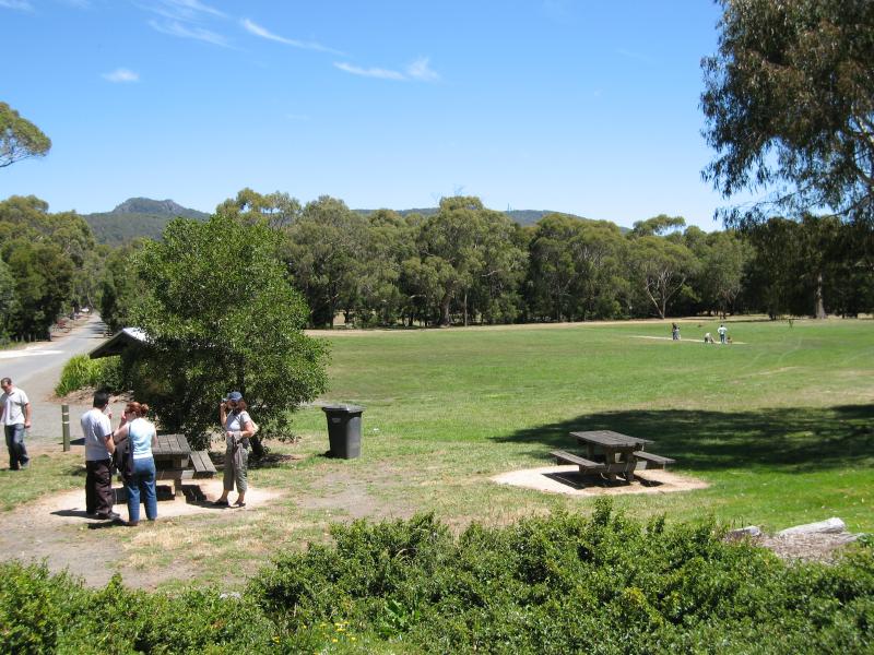 Woodend - Hanging Rock Reserve, South Rock Road: Picnic area and oval in front of Hanging Rock Picnic Cafe