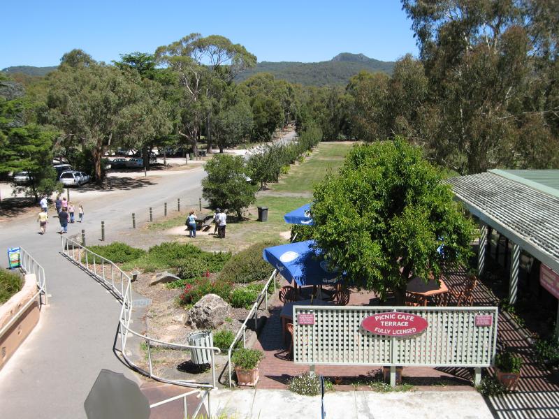 Woodend - Hanging Rock Reserve, South Rock Road: View south across picnic areas and cafe from Hanging Rock Discovery Centre